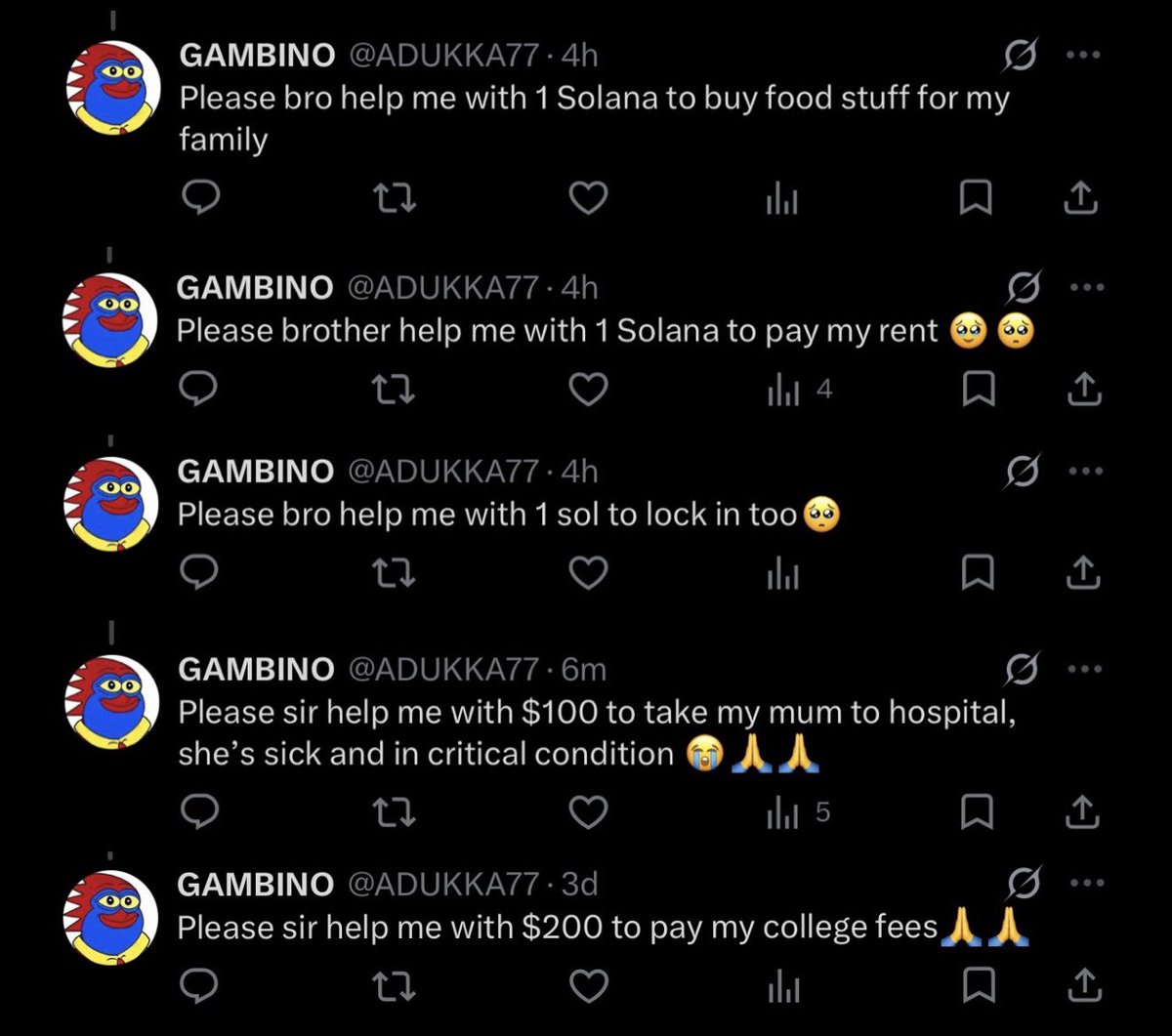dxrnell's tweet photo. Beg3 enthusiast asks for approximately $80-$200 to

> help him buy food for his family
> help him pay rent
> help take his mum to hospital
> help pay for his college fees

But my favourite

Help with locking in aka GAMBLING it all away and coming back to ask for more

When it was peak bullrun I was giving away SOL frequently, I know people gambled it away because they always came back asking for more

Imo if you’re gonna be on here asking for free Solana BE A MAN and tell the TRUTH

SIR GIVE ME SOL SO I CAN GAMBLE IT AWAY IN THE WORLDS GREATEST CASINO