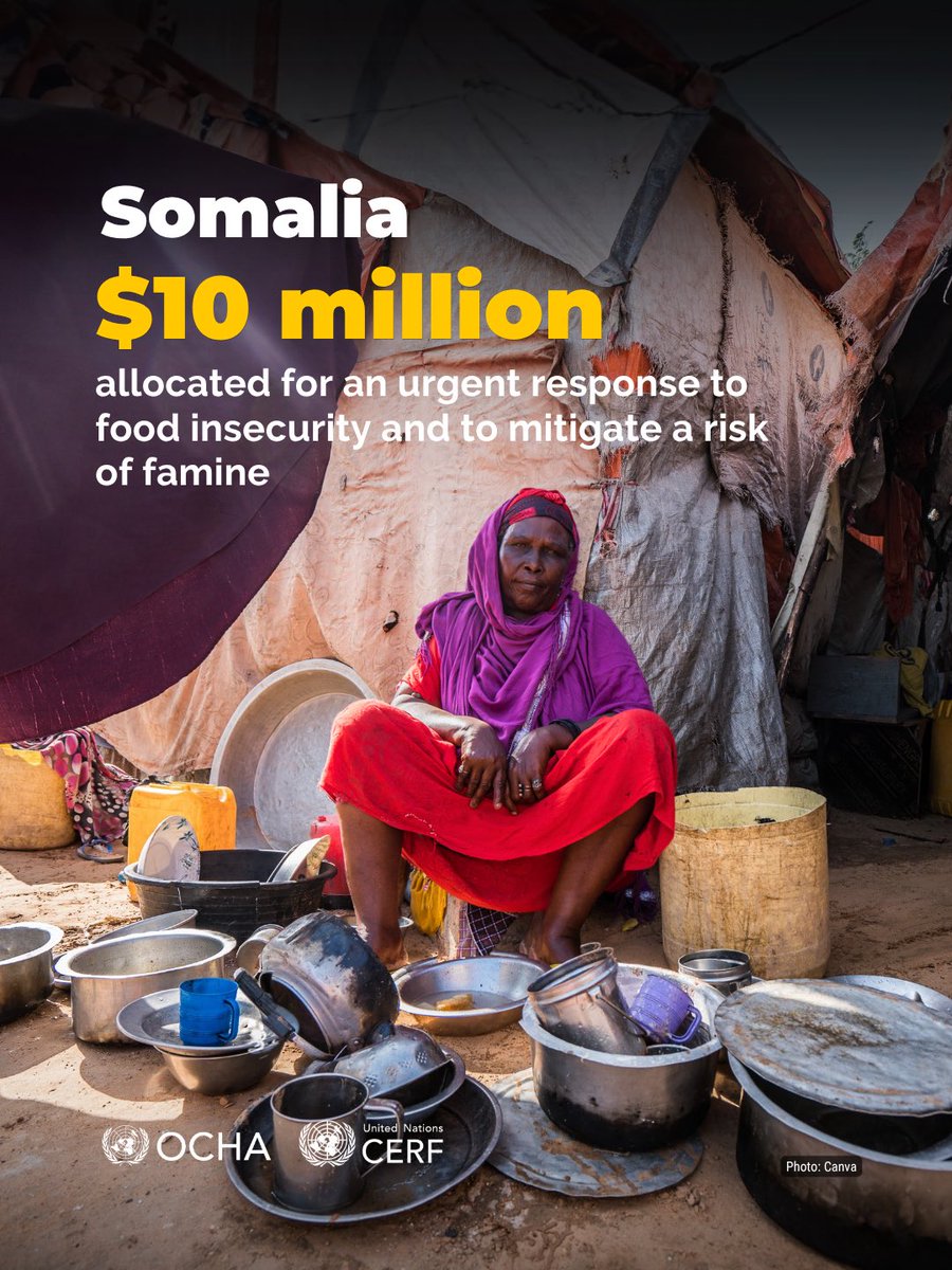 UNReliefChief's tweet photo. I'm releasing $10M from UN's Emergency Fund CERF for Somalia – the window to prevent famine is short.  6M people face severe hunger.   This funding will reach 640k people with lifesaving food, nutrition, health and water. https://t.co/Squ6S42ZEc