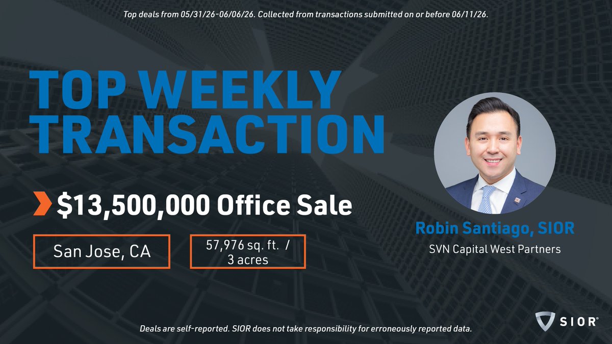 SIORglobal's tweet photo. SIORs keep bringing in the deals! Congratulations to Robin Santiago, SIOR, for landing a $13.5M office sale in San Jose, CA and the top #office deal of the week.

Submit your deals to be featured: https://t.co/vbzOT2QHtc

#SIOR #TopDeals #TopBrokers https://t.co/xZg8vliw9P