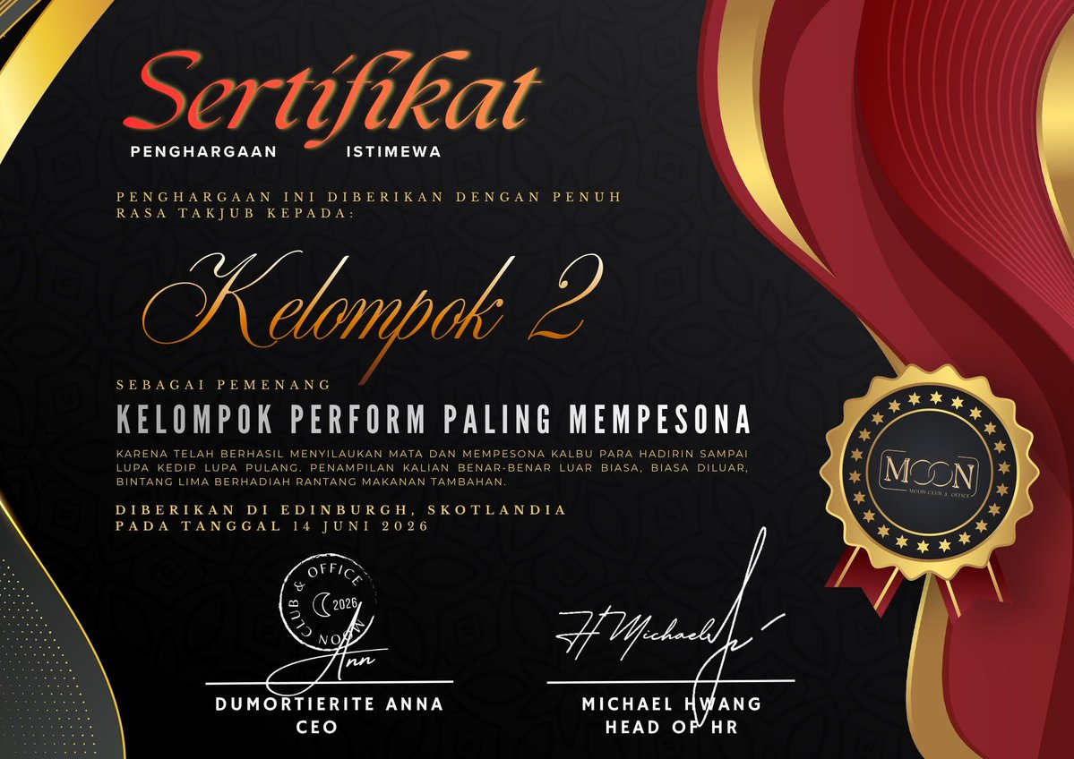 equsirou's tweet photo. ㅤㅤ"Penghargaan kelompok yang diberikan kepada Kelompok dengan Perform Paling Mempesona jatuh kepada ... KELOMPOK 2 dengan pertunjukan drama singkat musikal celana robek! Silakan diambil sertifikatnya dan hadiahnya ☺️“ https://t.co/ywYN2xjCfM