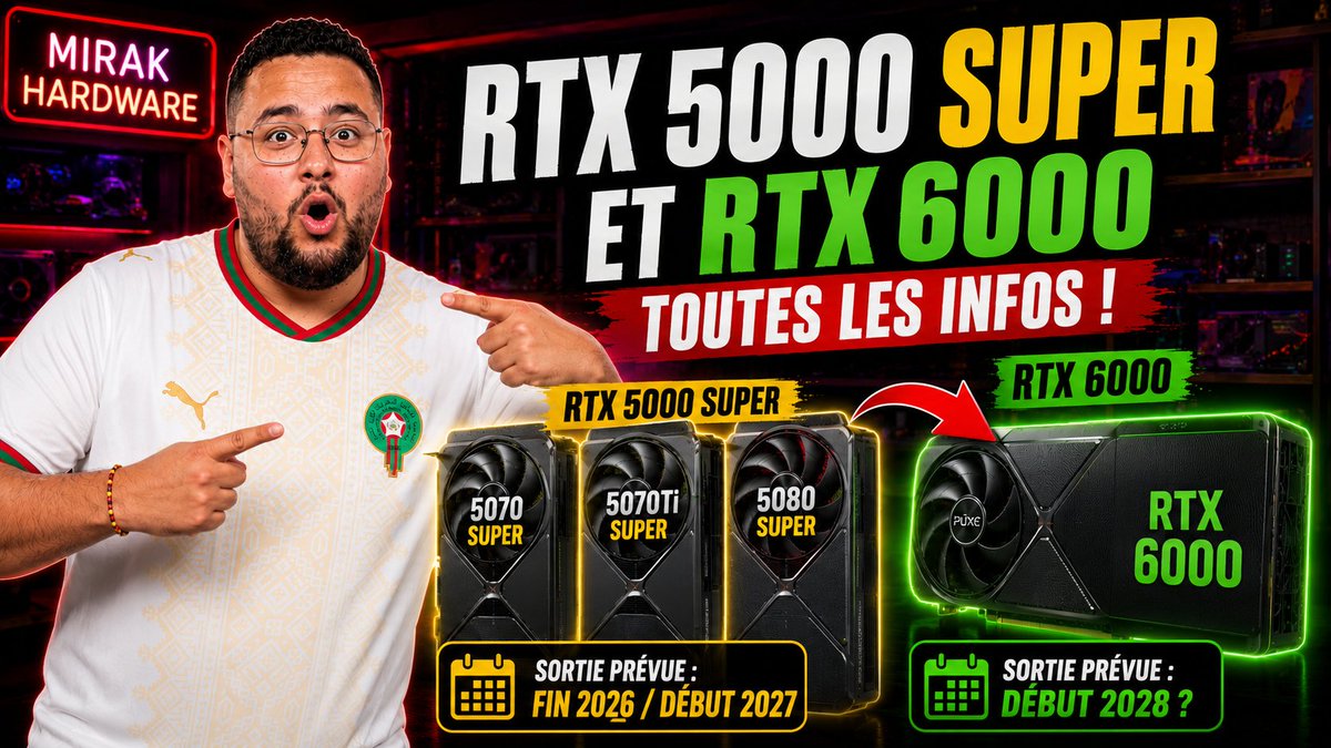 MirakHardware's tweet photo. 🚨 RTX 5000 SUPER CONFIRMÉES… MAIS LES RTX 6000 SONT REPORTÉES ! https://t.co/H7L6YvGgNX via @YouTube #rtx5070super #rtx5070tisuper #rtx5080super #rtx6000 #nvidia https://t.co/JWxTC1Conx