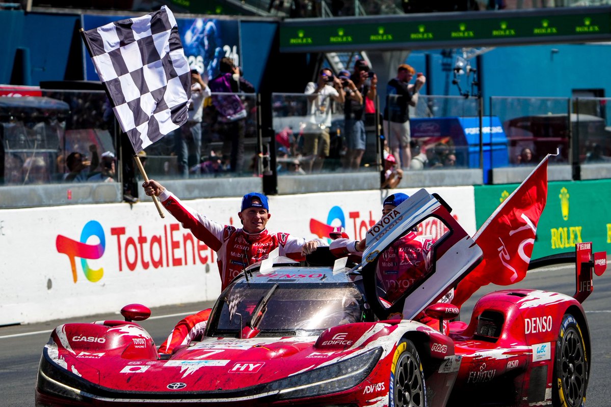 OfficialBARCHQ's tweet photo. Congratulations to British driver Mike Conway and teammates Nyck De Vries, Kamui Kobayashi and Toyota on victory at Le Mans 🏆  ��🇫🇷

#LeMans24 #BARC https://t.co/8jNaPEIC7g