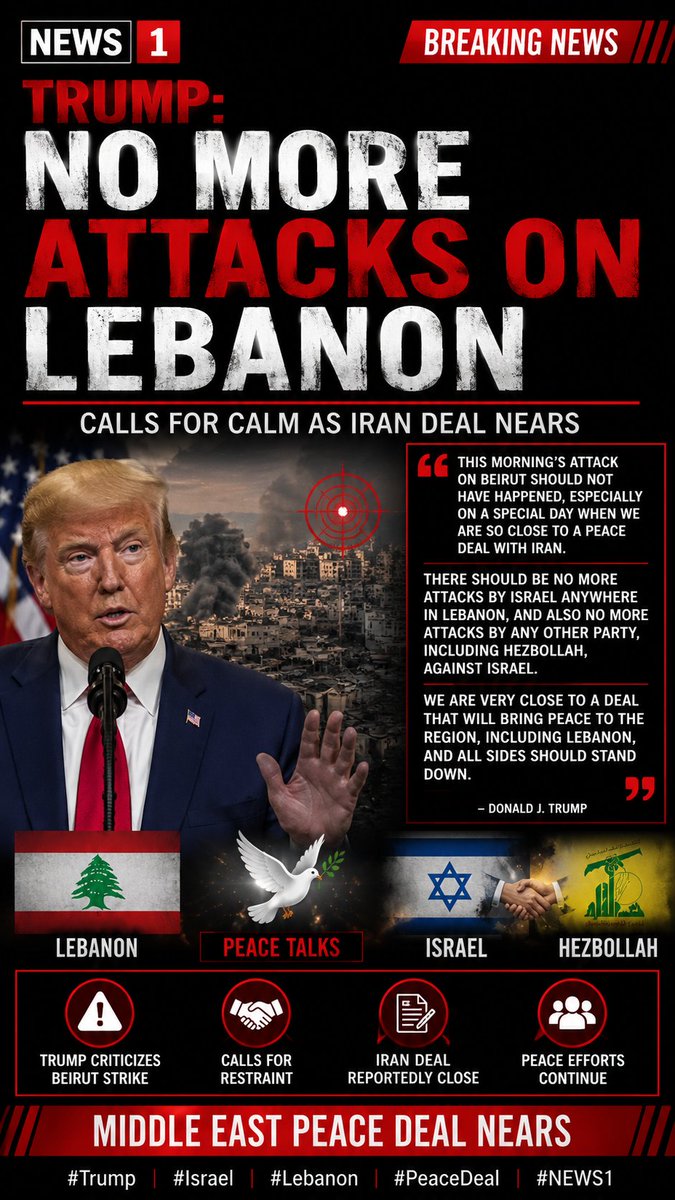 News1fr's tweet photo. 🇺🇸🇮🇱🇱🇧 BREAKING: President Trump says this morning’s attack on Beirut “should not have happened,” especially as negotiations for a peace agreement with Iran are nearing completion.
▫️Trump stated that no further Israeli attacks should take place anywhere in Lebanon and called on all sides, including Hezbollah, to halt hostilities against Israel.
▫️He said the region is “very close” to a deal that could bring peace and urged all parties not to jeopardize the process.
#USA #Israel #Lebanon #Trump #NEWS1