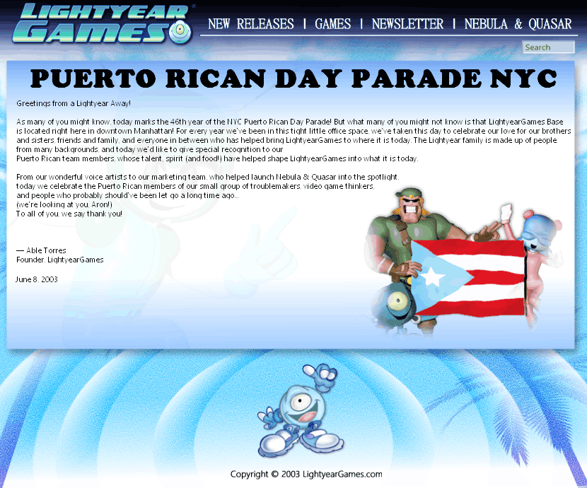 NAQTUBEtw's tweet photo. From LightyearGames website Celebrating the 46th NYC Puerto Rican Day Parade (2003) https://t.co/JMQsvaU8lo