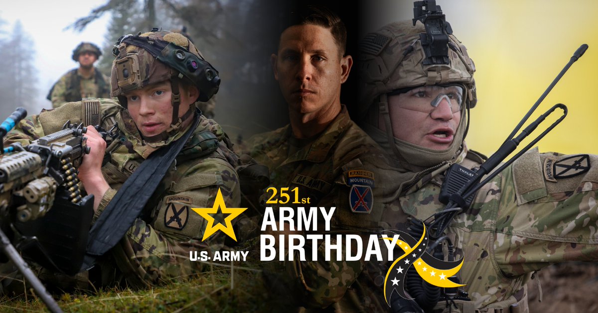 10MTNDIV's tweet photo. Since 1775, generations of Soldiers have answered the nation's call. Today, 10th Mountain Division Soldiers continue that legacy through readiness, service, and warfighting excellence.

Happy 251st Birthday, @USArmy!

#ClimbToGlory #BeAllYouCanBe

@18thABNCorps @10MTNDIV @GoArmy https://t.co/BlX4pjDhBb