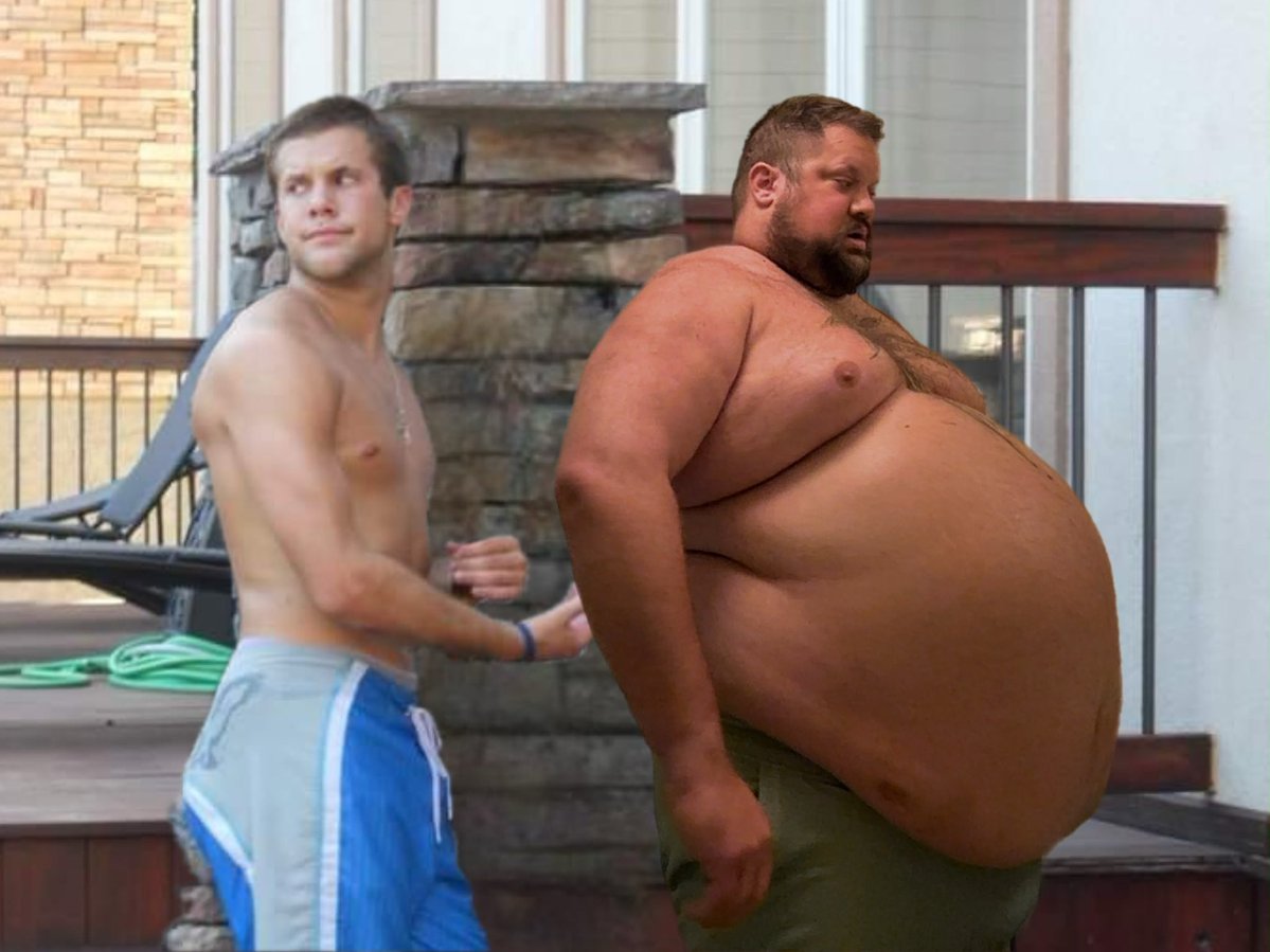 Grrth13's tweet photo. I guess my life has changed a little bit… I don’t really remember what I was like to be the guy on the left… every day and every night I focused on making my body bigger and giving into the pleasure… and now I’m just massively fat 24/7. Fantasy become reality. https://t.co/6Fefq5zNfe