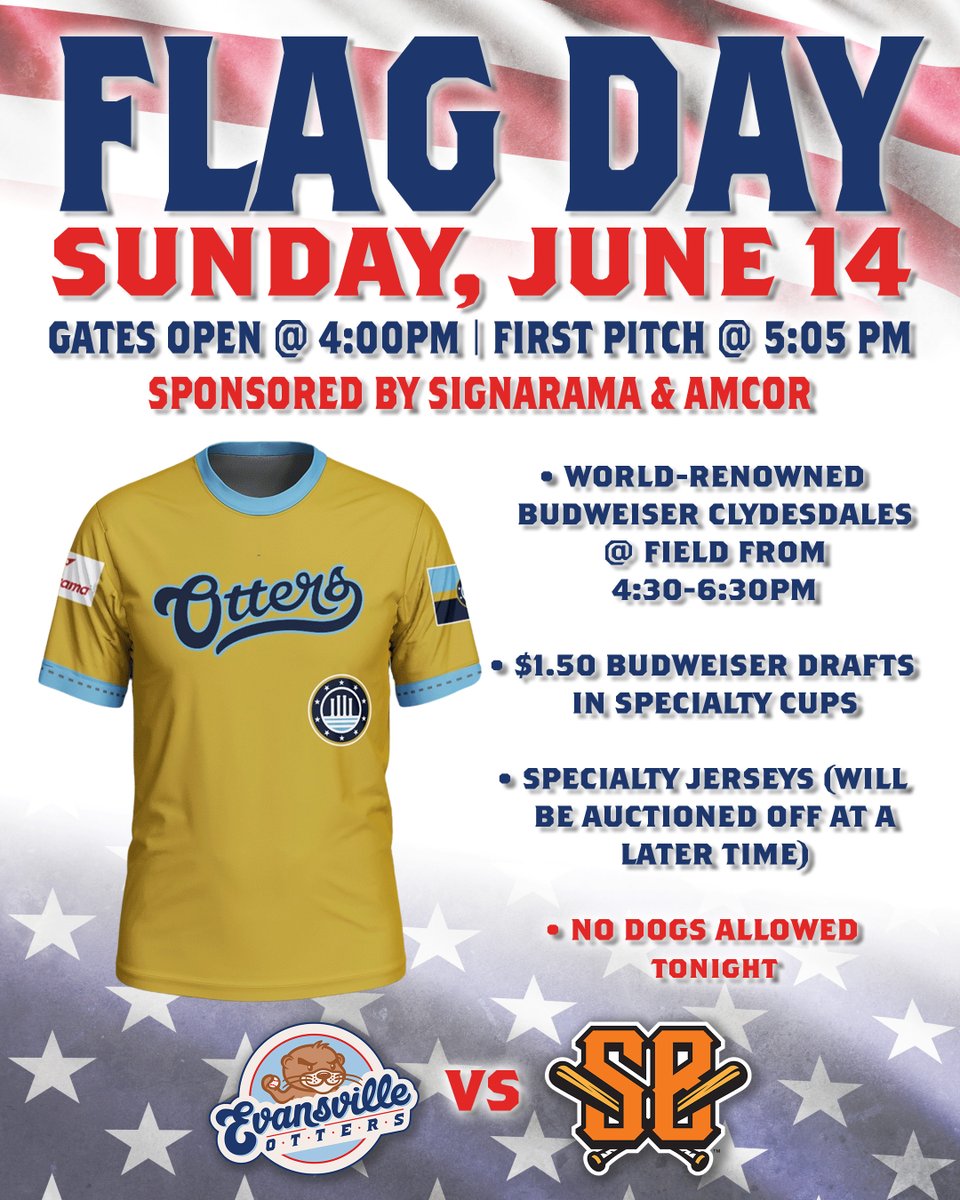 EvilleOtters's tweet photo. Tonightโs Flag Day lineup:
๐ดBudweiser Clydesdales (4:30-6:30 PM)
๐๏ธLap around the field after the first inning
๐บ$1.50 Budweiser drafts in specialty cups
โพ๏ธFlag Day specialty jerseys (auctioned off on later date)
๐ถNO DOGS TONIGHT due to the Clydesdales being present
#ForTheE https://t.co/aRFL8BAQ1k