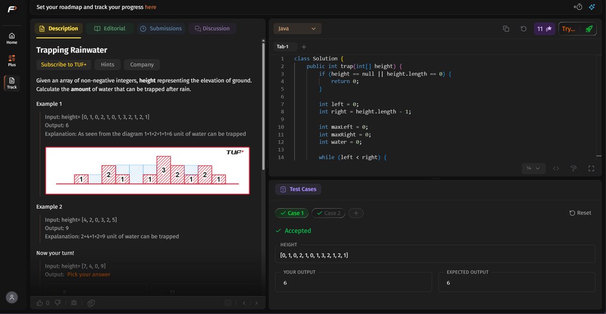 Adiyatakhell's tweet photo. Day 14 #SDESheetChallenge

Solved:
• Remove Duplicates from Sorted Array
• Maximum Consecutive Ones
• Trapping Rain Water
Learned:
Two Pointer Technique
Array Traversal Patterns

Optimal Water Trapping using Two Pointers

Trapping Rain Water was the highlight today.
#DSA https://t.co/D0LKTsKjs6