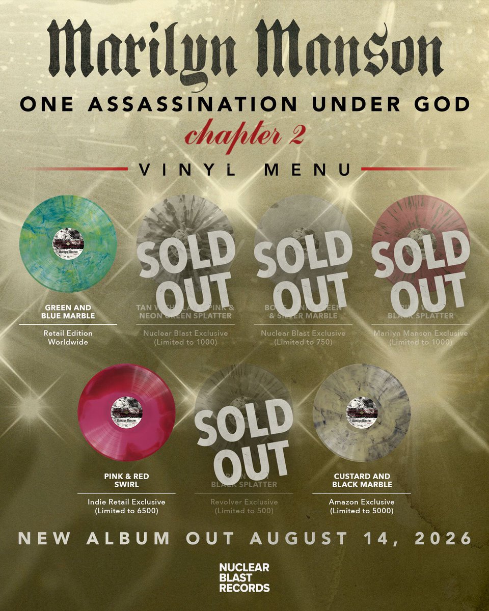marilynmanson's tweet photo. One Assassination Under God - Chapter 2
Limited vinyl selling quickly.
Secure your copy.

Pre-order on vinyl at https://t.co/zmuuoNGxVV https://t.co/YLRceBRpst