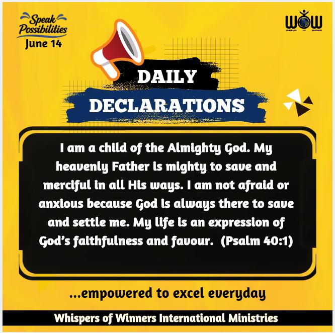 WinnersWhispers's tweet photo. WOW DAILY DECLARATIONS

Declare this: 🗣🌟

I am a child of the Almighty God. My heavenly Father is mighty to save and merciful in all His ways. I am not afraid or anxious because God is always there to save and settle me. My life is an expression of God’s faithfulness and favour.  (Psalm 40:1)

#WhispersofWinners