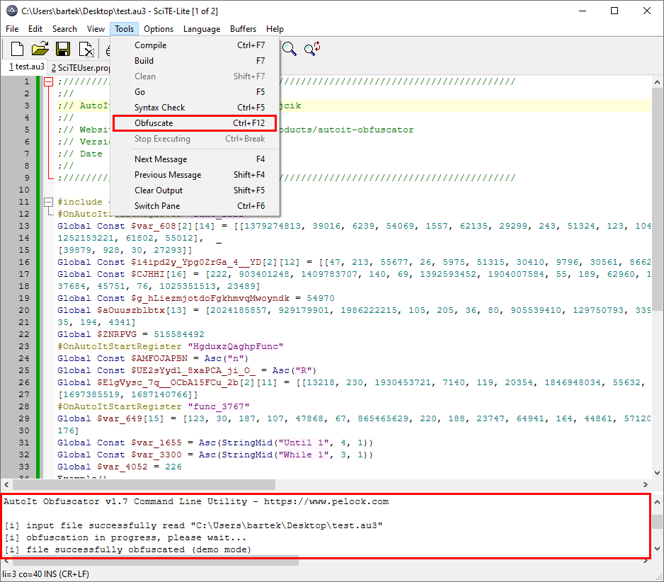 PELock's tweet photo. AutoIt Obfuscator - Added SciTE editor integration: when selected during setup, the installer updates https://t.co/5sjaxqZf5V in the user profile and adds an Obfuscate command to the Tools menu
https://t.co/wIWlkWNP06
#autoit #obfuscation #obfuscator #scite #hacking #itsecurity https://t.co/mupgT2kvLL