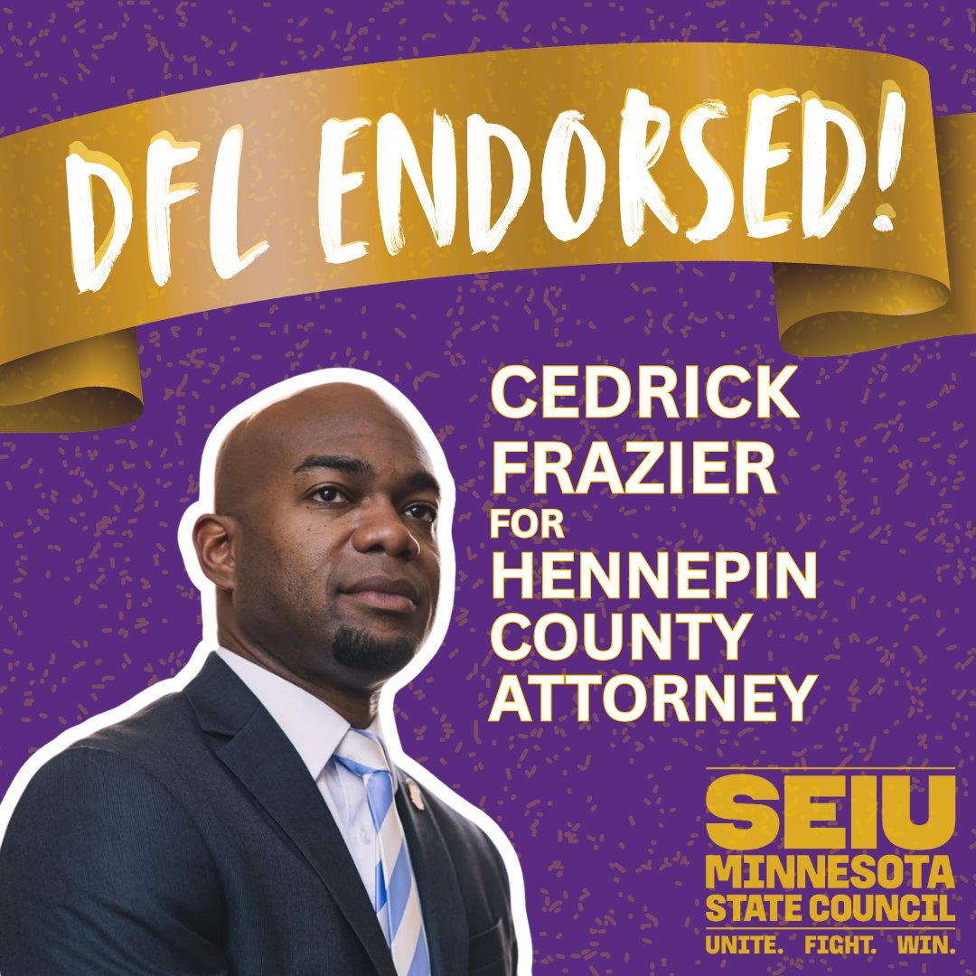 seiumn's tweet photo. Congrats to SEIU-endorsed @CedrickFrazier on winning the DFL endorsement for Hennepin Country Attorney! 

We support Cedrick because we know he will be the leader Hennepin County needs to ensure justice and safety for working families in our community! https://t.co/18h6rEbvdO