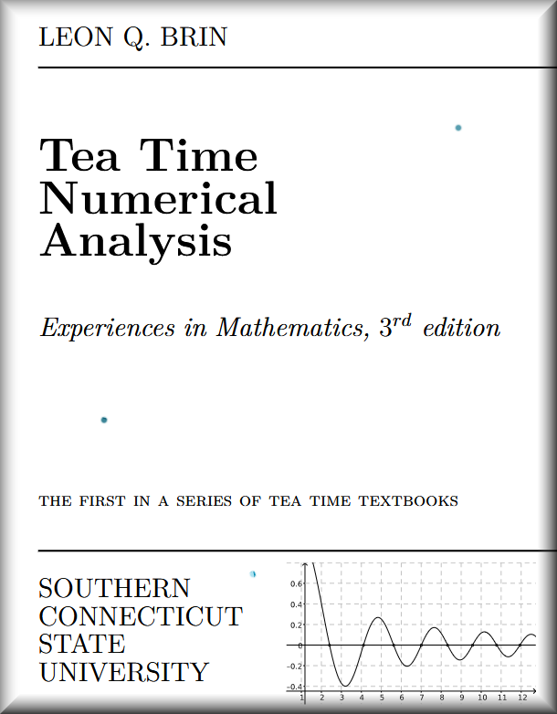 pickover's tweet photo. FREE Math Book.  375 pages.

"Tea Time Numerical Analysis" by Brin.  The material is presented "as if it were being told to a student during tea time at University... The exercises are plentiful and well-designed, and many of them have extensive solutions. The necessary terms and definitions and theorems and examples will be woven into a more conversational style. My hope is that this blend of formal and informal mathematics will be easier to digest, and dare I say, students will be more invited to do their reading in this format."

Contents
    Preliminaries
    Root Finding
    Interpolation
    Numerical Calculus
    More Interpolation
    Ordinary Differential Equations

Link: https://t.co/ZUMdAH4ogr