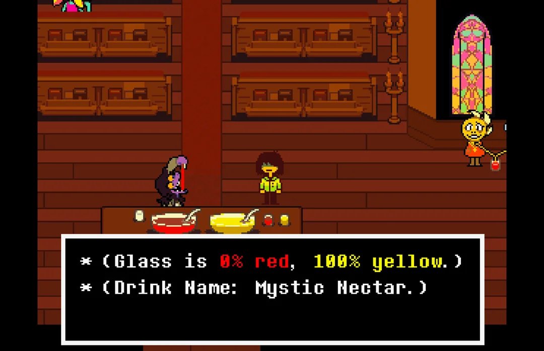 dailytobytrivia's tweet photo. During Chapter 4 when you have to make a drink for Alphys, every drink combination has a different name. Alphy's special combination is not mentioned by name in game, but in the files it is called "Dragon's Scar". https://t.co/Pw3rqtdkUx