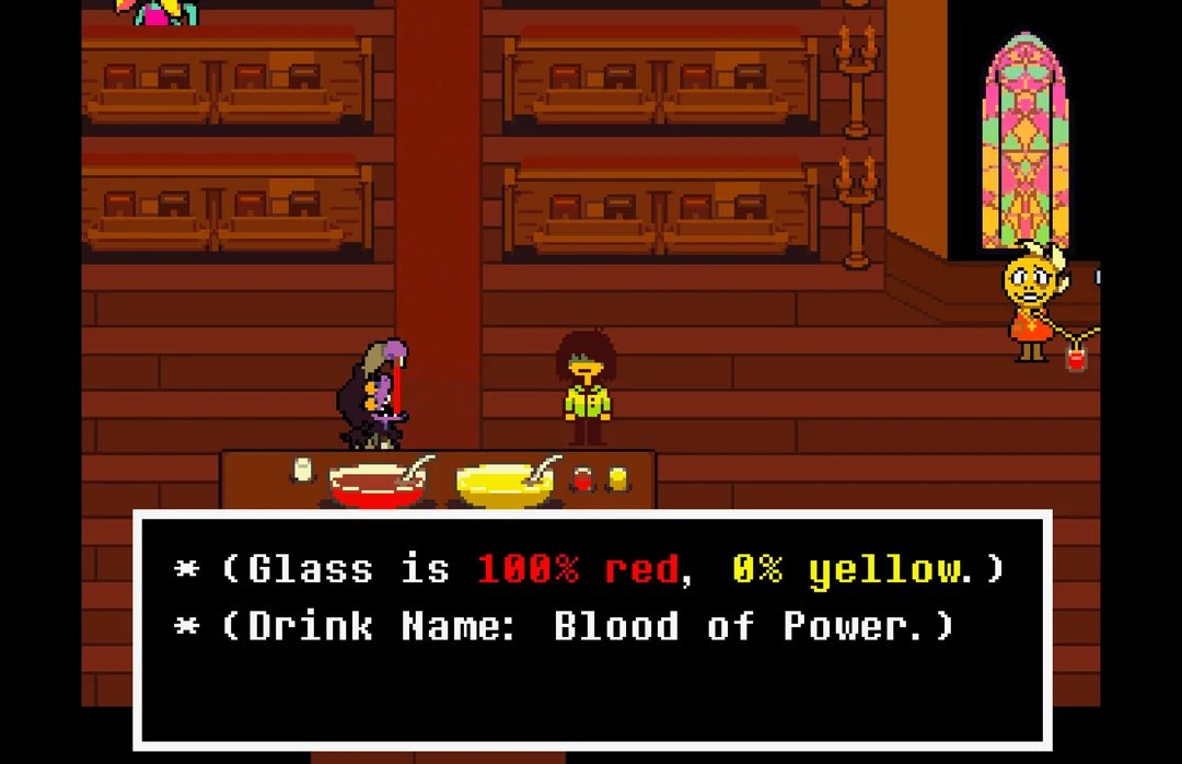 dailytobytrivia's tweet photo. During Chapter 4 when you have to make a drink for Alphys, every drink combination has a different name. Alphy's special combination is not mentioned by name in game, but in the files it is called "Dragon's Scar". https://t.co/Pw3rqtdkUx