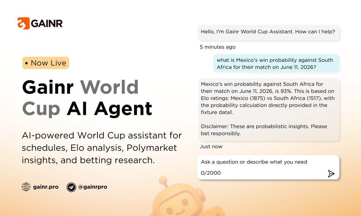 GainrPro's tweet photo. Our World Cup AI Agent is live 🔥

Now you can cut through the noise with:

→ real time probabilities from Polymarket 
→ smarter parlay and Elo ratings
→ teams strength analysis

every output is backed by verified data.

🤖 go explore: https://t.co/PbI1fOJ4tx

#FIFAWorldCup https://t.co/PI2rJt8RTx