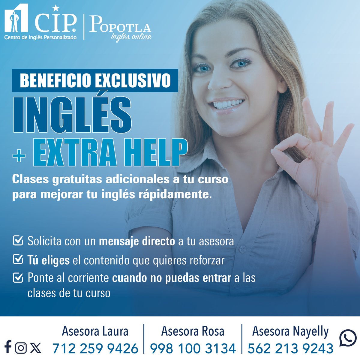 CIP_Popotla's tweet photo. 𝗖𝘂𝗿𝘀𝗼𝘀 𝗜𝗻𝘁𝗲𝗻𝘀𝗶𝘃𝗼𝘀 𝗱𝗲 𝗜𝗻𝗴𝗹𝗲́𝘀 👩‍🏫 para consolidar tus conocimientos de manera efectiva + asesorías GRATUITAS 😀 para reforzar los temas que más te interesan o en los que necesitas más apoyo.

Con CIP Popotla 🌟 ¡Nunca fue más fácil aprender inglés! https://t.co/wyPGh41AbP