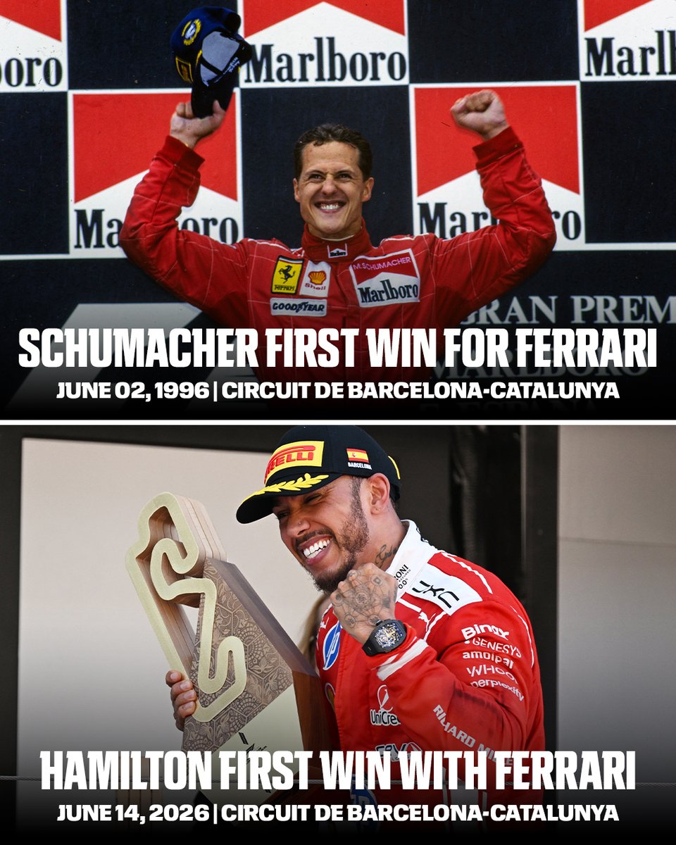 ESPNF1's tweet photo. Lewis Hamilton and Michael Schumacher both secured their first wins with Ferrari in Barcelona 🇪🇸
 
Lewis also broke a tie with Michael securing his 7th career win in Barcelona ‼️ https://t.co/UHpR2z0Jr9