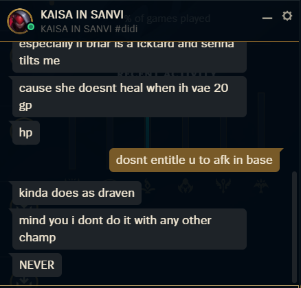 tornado2000x's tweet photo. @drewlevin Game ID: 7887231648
Riot ID: KAISA IN SANVI#didi

Draven stopped playing the game when he was sure we won´t win anyways. Also he is sure the system will never find out so maybe use him as some kind of training or sth seems he is doing it often on Draven when he is behind. https://t.co/YvmEeDOg4n