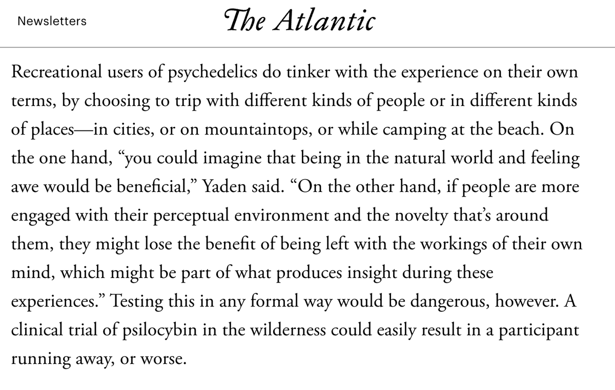 ExistWell's tweet photo. Atlantic article discussing current &amp; novel psychedelics, emphasizing parameters like expectancies, context, compound, dose, and beyond.

There is SO MUCH scientific work to do in this area to improve on preliminary work &amp; explore altering variables that have not yet been tested! https://t.co/pcWE5rVaHm