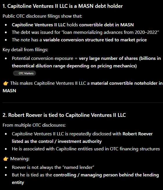 SniperFlow777's tweet photo. Interesting note** New CEO/Owner is also in control of the debt (Capitoline Ventures, LLC)  on $MASN.  All of those potentially dilutive 1.7B shares are now owned by Robert Roever and he has owned them now since 2022 and hasn't sold. Follow the filings.

.0004/5

Market Cap $280,503
06/12/2026

Outstanding Shares
701,256,963
06/12/2026

Restricted
92,460,428
06/12/2026

Unrestricted
608,796,535
06/12/2026

Held at DTC
545,622,749
06/12/2026

He is already pushing acquisitions: https://t.co/KcZqOH1PZr
