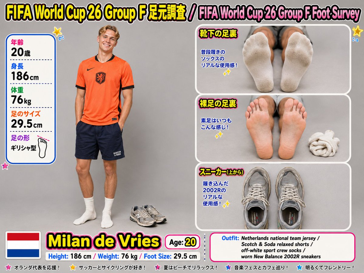 DAZ_daisuke's tweet photo. ⚽️FIFA World Cup 26 開幕⚽️
FIFA World Cup 26 Group F「足元調査」🦶👟

日本：Haruto Sakamoto（177cm / 27.5cm ）
オランダ：Milan de Vries（186cm / 29.5cm）
スウェーデン：Elias Lundqvist（184cm / 29.0cm ）
チュニジア：Youssef Ben Ali（179cm / 28.0cm ）

代表ユニフォームを着てスタジアムに行く日の足元を、素足・靴下・愛用シューズまで全部見せてもらいました。

どのサポーターの足元が気になりますか？
▼下のポールで投票してください▼
#FIFAWorldCup26 #GroupF