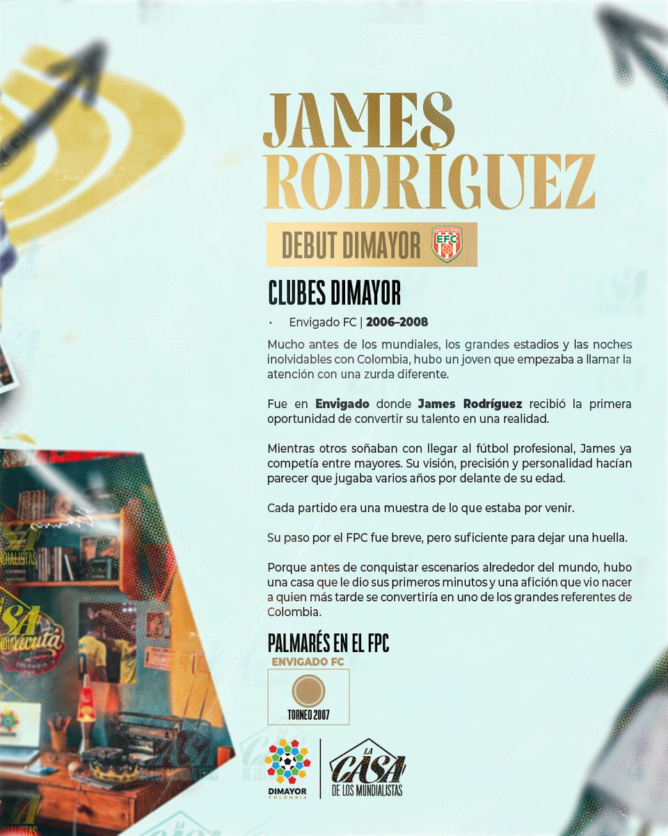Dimayor's tweet photo. ¡𝗘𝗹 𝟭𝟬 𝗱𝗲 𝗹𝗮 𝗦𝗲𝗹𝗲𝗰𝗰𝗶𝗼́𝗻! 🔟

Hay historias que nacieron para ser grandes 🤩 La de James Rodríguez tuvo uno de sus primeros capítulos en las canchas del Fútbol Profesional Colombiano 🇨🇴 Conoce su historia en #LaCasaDeTodosLosMundialistas
 
#LaCasaDeTodos https://t.co/LZwnYJwtea