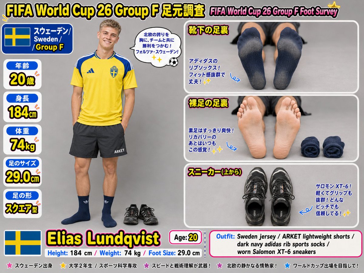 DAZ_daisuke's tweet photo. ⚽️FIFA World Cup 26 開幕⚽️
FIFA World Cup 26 Group F「足元調査」🦶👟

日本：Haruto Sakamoto（177cm / 27.5cm ）
オランダ：Milan de Vries（186cm / 29.5cm）
スウェーデン：Elias Lundqvist（184cm / 29.0cm ）
チュニジア：Youssef Ben Ali（179cm / 28.0cm ）

代表ユニフォームを着てスタジアムに行く日の足元を、素足・靴下・愛用シューズまで全部見せてもらいました。

どのサポーターの足元が気になりますか？
▼下のポールで投票してください▼
#FIFAWorldCup26 #GroupF