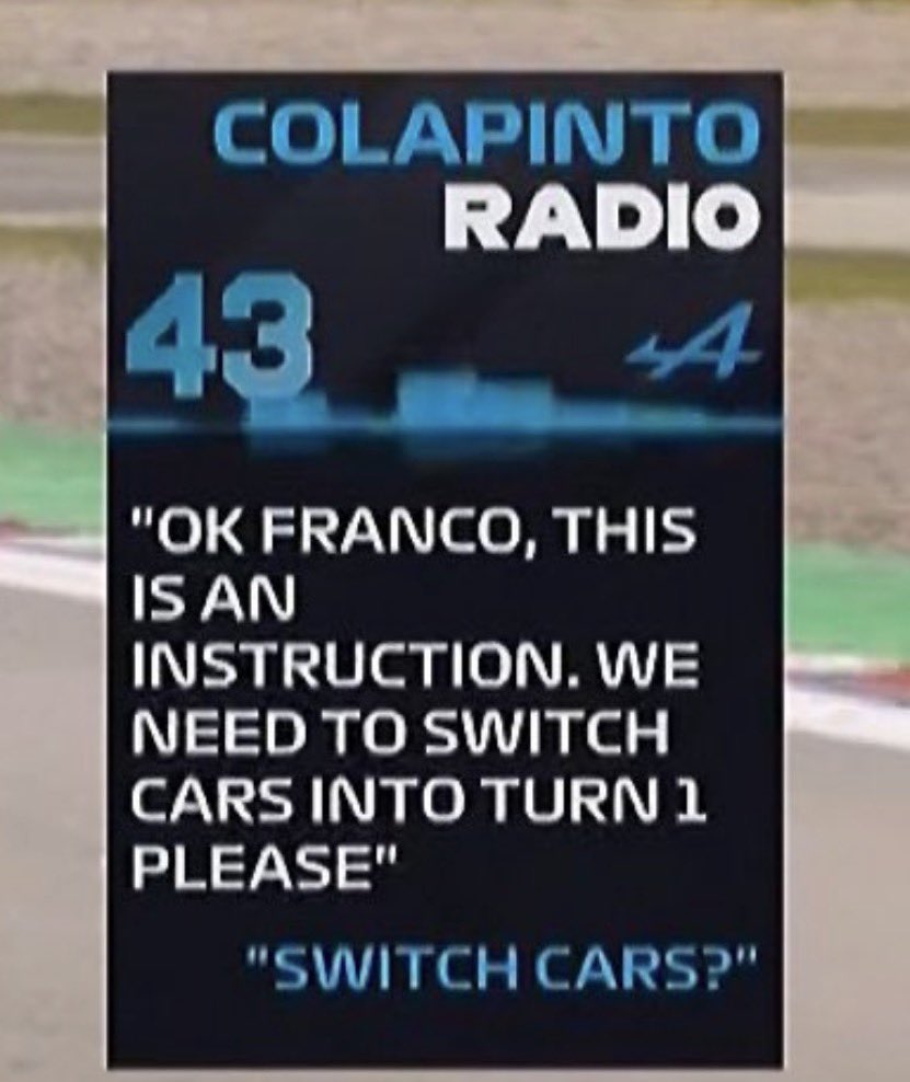 leoz46's tweet photo. @AlpineF1Team I wish the team be fair with both drivers. 
Looks like u guys just care about the French. https://t.co/KafJwIk5nY