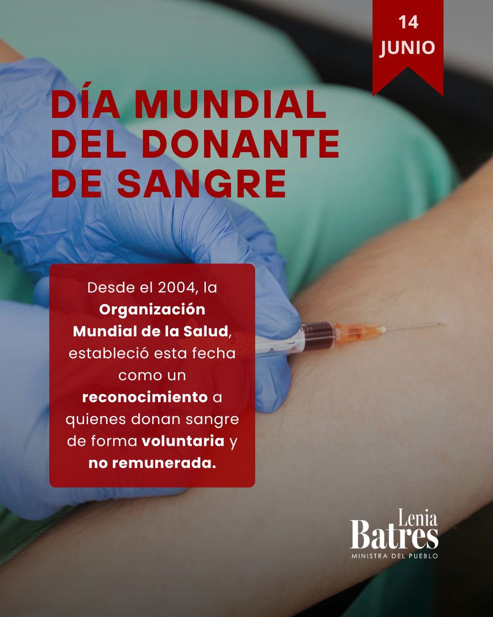 LeniaBatres's tweet photo. 🩸 Hoy es el Día Mundial del Donante de Sangre, un acto de solidaridad que sostiene la atención médica en todo el mundo.

📊 En el continente americano, el 75% de las donaciones se concentra en Brasil, México, Colombia y Argentina. Del total, el 56.8% fue voluntario. En nuestro país, apenas el 8% proviene de donantes altruistas, mientras que el 92% corresponde a donación por reposición (realizada por familiares o amigos).

#MinistraDelPueblo