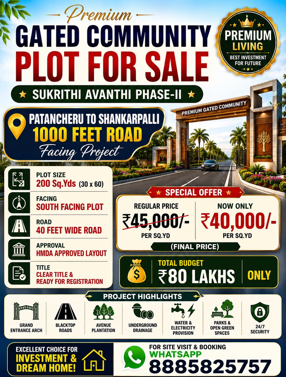 Vkproperti27313's tweet photo. 📍 Project: Sukrithi Avanthi Phase-II
🛣️ Patancheru to Shankarpalli 100 Feet Road Facing Project📐 Plot Size: 200 Sq.Yds (30×60)
💰 Regular Price: ₹45,000/- Per Sq.Yd
🎉 Offer Price: ₹40,000/- Per Sq.Yd (Final Price)
📲 Call/WhatsApp: 8885825757 https://t.co/gOFNLrSxEf