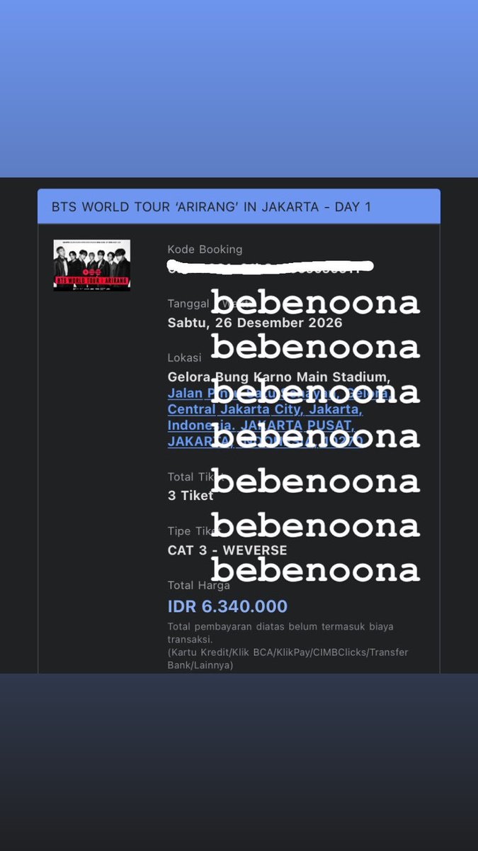 bebe_noona's tweet photo. WTS BTS WORLD TOUR ARIRANG IN JAKARTA DAY 1

— cat 3 — 3 tix
✅diurusin sampe fisik
✅aman &amp; trusted
✅Dm untuk tanya harga

#BTS_ARİRANG #BTSinJAKARTA wtb wts https://t.co/lyXrLbVjF5
