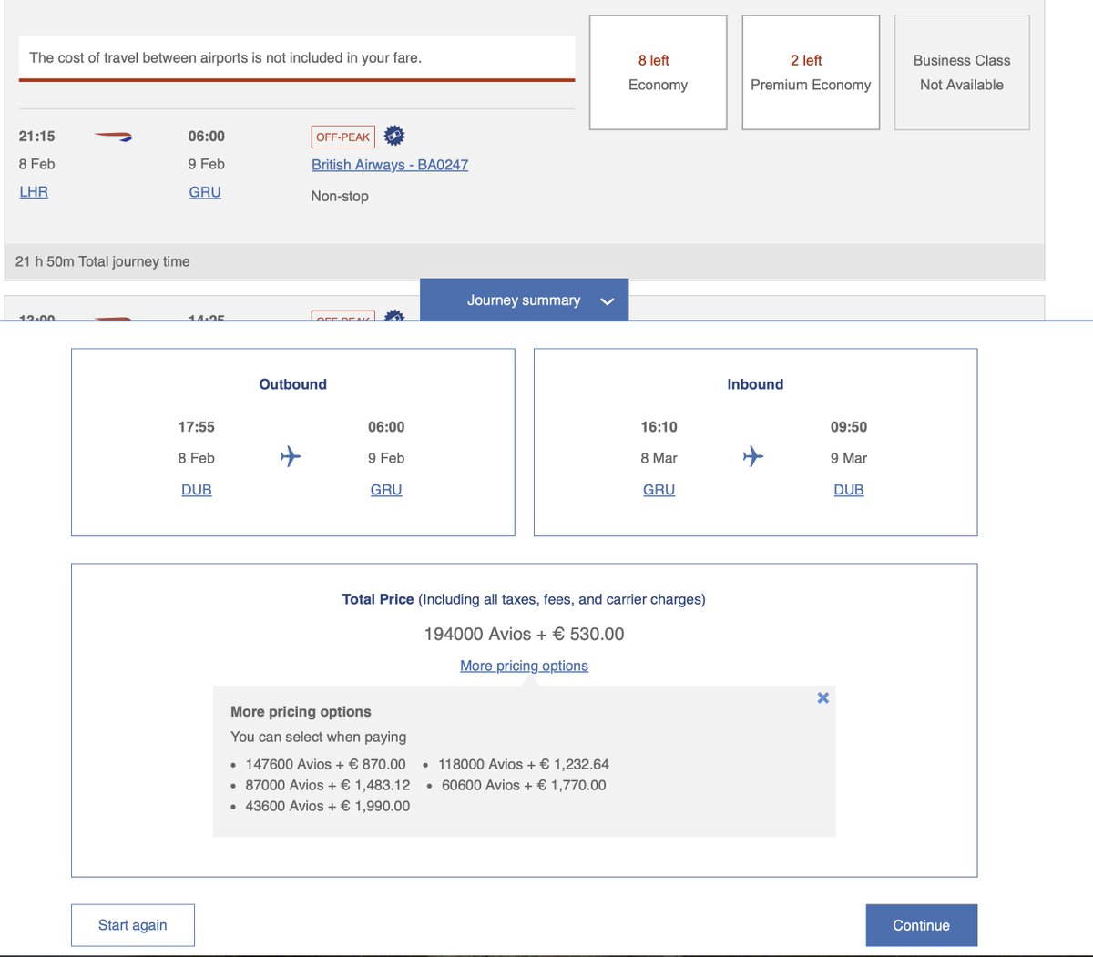 Felipebabas's tweet photo. I've been collecting points so I can get a fight or at least a discount, I have 44k avios but @British_Airways makes impossible. Is cheaper to pay the flights in full vs using 43.6k points + €1,990. What is the benefit of using the points? https://t.co/pZZ2gctGMK
