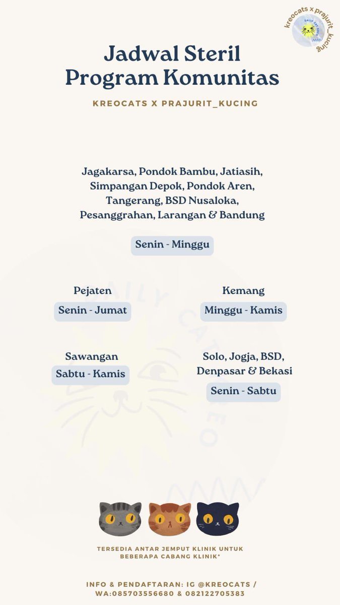 miraicatsfam's tweet photo. In this economy, aku tau ada yg prefer steril kucing anter sendiri yaa

Steril subsidi &amp; vaksin subsidi kucing
Super terpercaya, fast respons

✨ Kreo Cats x Prajurit Kucing ✨
📍Jakarta, Solo, Jogja, BSD, Denpasar, Bekasi, Depok

Fasilitas bisa langsung WA nomer diposter yaa https://t.co/QL43wFBh9y