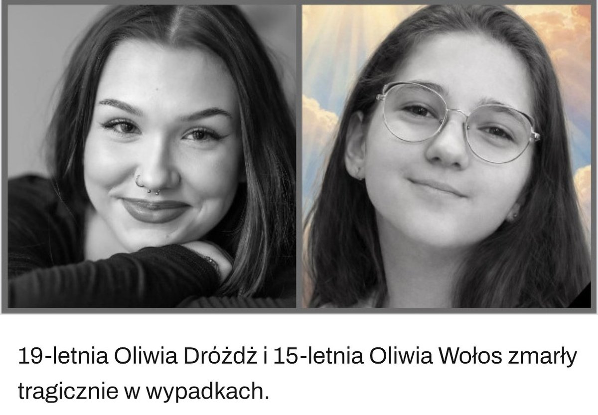 mordownik4u's tweet photo. Tragiczna historia dwóch dziewczynek z tej samej ulicy w Aleksandrówce pod Kozienicami. 

19-letnia Oliwia Dróżdż i 15-letnia Oliwia Wołos zmarły po wypadkach komunikacyjnych w szpitalu w Radomiu. W obu przypadkach prokuratura bada, czy do śmierci doszło w wyniku błędów ekip karetek podczas transportu. Oliwia Dróżdż (studentka psychologii) uległa wypadkowi 16 maja w Kozienicach. Rodzice twierdzą, że w karetce źle wykonano intubację (rurka dziecięca u dorosłej osoby, źle założona, problemy z wentylacją, treść pokarmowa w płucach). Na SOR trafiła już w stanie krytycznym z obrzękiem mózgu spowodowanym niedotlenieniem. Zmarła 19 maja. Pięć miesięcy wcześniej podobny los spotkał 15-letnią Oliwię Wołos – potrąconą na przejściu dla pieszych w Pionkach. Również w jej przypadku lekarze ze szpitala w Radomiu zgłosili podejrzenie błędu medycznego w karetce. Obie dziewczyny mieszkały na tej samej ulicy, obie pochowane na tym samym cmentarzu. Rodzice walczą o prawdę i sprawiedliwość.