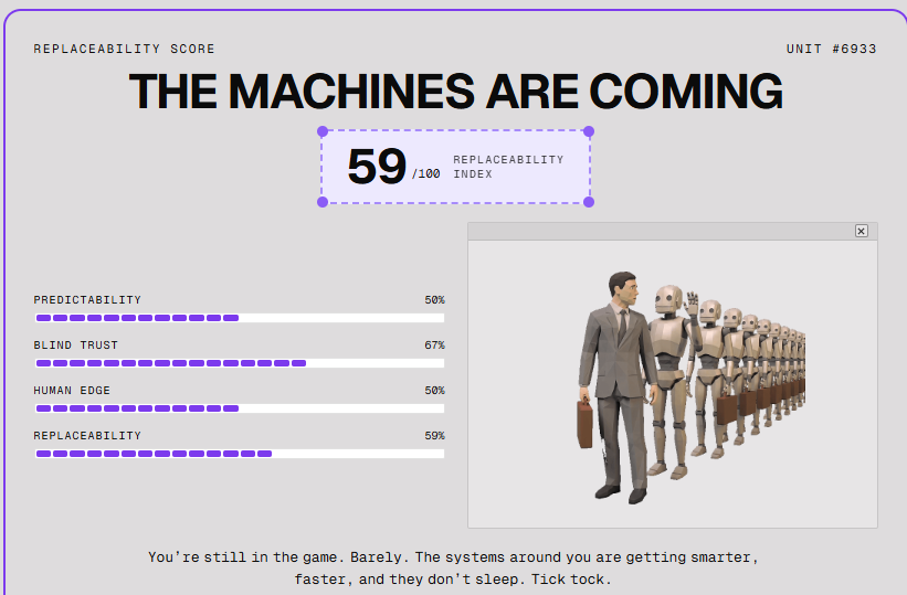 KeisukeUedar's tweet photo. The machines aren't coming — they're already here ⏳

I'm UNIT #6933 — 59/100 replaceable. Barely hanging on.

How long until they catch you?
Find out ➡️ https://t.co/uYkUqW3hfn

Get agent-pilled before it's too late.
@AIVM_Network is building the escape hatch. https://t.co/9MiQz3169h