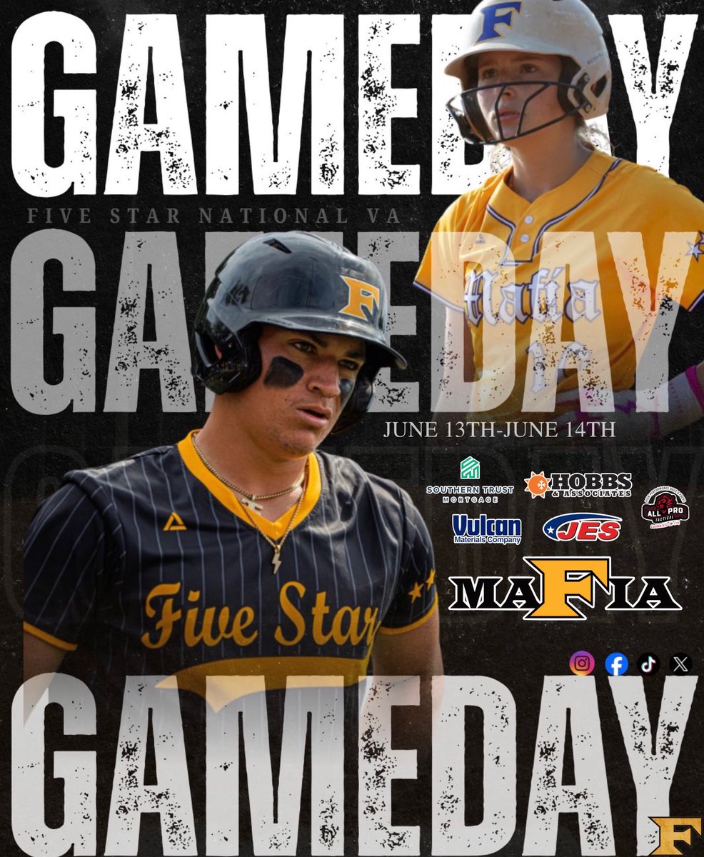 5starnationalva's tweet photo. 🔥IT'S GAMEDAY!!!!🔥Good luck to everyone in action this weekend & as always, thank you to our sponsors for their unwavering support of our program! Let's go! #5starnation #RollMAF #mafiaboys #5starva #ladymafia
7u Black: DH vs Crew/Bombers
8u Black: DH vs Drillers White
9u Black: DH vs Blasters
9u Gold: Off
10u Black: Off
10u Gold: DH vs Crew
10u Lady Mafia: Tourney TBA
11u Black: VA Travelball Playoffs
11u Lady Mafia: USA Softball VA Championships
12u Black: PG Charlotte
12u OBX: Off
12u Lady Mafia: Off
13u Black: USSSA Richmond
13u Gold: Off
13u OBX: Off
14u Black: PBR VA Open Richmond
14u Gold: Dynamic Virginia Tech
14u Lady Mafia: Summer Scramble Showcase
15u Black: PBR VA Open Richmond
15u Gold: Off
16u Black: PG Super 25 Qualifier
16 Lady Mafia: Summer Scramble Showcase
17u Black: PG Super 25 Qualifier
18u Lady Mafia: Summer Scramble Showcase