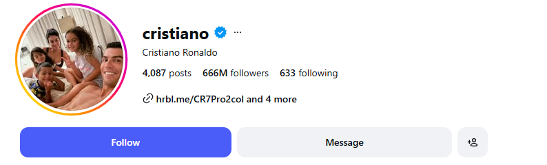 Vision4theBlind's tweet photo. And right on cue, Cristiano Ronaldo reaches 666 million followers on Instagram during the World Cup. https://t.co/h88NA03Nk8