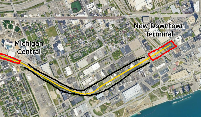 lakeshoredr1ve's tweet photo. it would honestly be really easy to build a new downtown rail terminal in detroit, there's one area of city blocks between the current rairlroad and the edge of downtown that has nothing but scattered light industrial buildings and parking lots https://t.co/S9RkWglenB