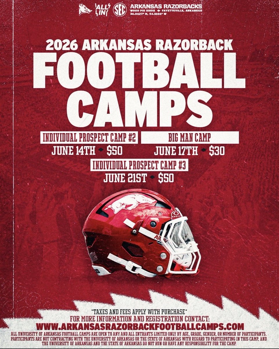 Setrabuc1's tweet photo. Blessed to receive the opportunity to attend and compete at the Arkansas Razorbacks Prospect Camp today. Looking forward to learning from great coaches and competing against top talent. #AGTG #WPS 🐗🏈 https://t.co/imocyqsfEA