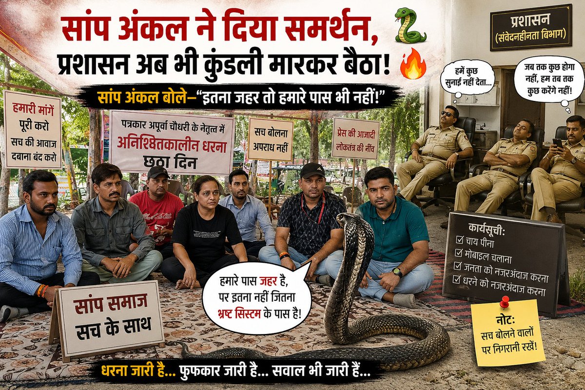 KD956014's tweet photo. 1️⃣ गाजियाबाद जिला मुख्यालय पर पत्रकारों का धरना 6वें दिन में प्रवेश कर चुका है।
लेकिन प्रशासन की चुप्पी अब सवालों के घेरे में है।
#JournalistApoorva

2️⃣ जनता की आवाज सुनने के लिए जिन अधिकारियों को आगे आना चाहिए था, वहां समर्थन देने "सांप अंकल" पहुंच गए।
लगता है व्यवस्था से पहले जंगल जाग गया!
#Ghaziabad

3️⃣ धरना स्थल पर पहुंचे सांप अंकल ने मानो संदेश दिया—
"अन्याय पर मौन रहना सबसे बड़ा जहर है।"
अब सवाल है कि असली जहर किसके पास है?

4️⃣ छह दिन से पत्रकार खुले आसमान के नीचे न्याय की मांग कर रहे हैं।
धूप, धूल और संघर्ष जारी है।
लेकिन जिम्मेदार विभाग अब तक मौन क्यों?

5️⃣ लोकतंत्र में सवाल पूछना अपराध नहीं, अधिकार है।
यदि पत्रकार अपनी सुरक्षा और न्याय की मांग भी न कर सके तो फिर जनता की आवाज कौन उठाएगा?

6️⃣ धरना स्थल पर लोगों का समर्थन लगातार बढ़ रहा है।
सवाल वही है—
क्या प्रशासन जनता की आवाज सुनेगा या चुप्पी ही जवाब बनी रहेगी?

7️⃣ सांप अंकल बिना किसी प्रोटोकॉल के आए, समर्थन दिया और चले गए।
लेकिन संबंधित विभाग अब तक कार्रवाई या संवाद की पहल क्यों नहीं कर पाया?

8️⃣ पत्रकार अपूर्वा चौधरी और उनके साथियों का संघर्ष जारी है।
अब नजरें प्रशासन पर हैं।
समाधान कब?
#JournalistApoorva #GhaziabadPolice #UPGovernment
9️⃣ लोकतंत्र का विचित्र दृश्य—
पत्रकार धरने पर, जनता समर्थन में, सांप एकजुटता में, और व्यवस्था मौन!
🔟 सवाल अभी भी खड़ा है—
पहले कौन जागेगा?
व्यवस्था, विवेक, या फिर कोई और "सांप अंकल"?

@ghaziabadpolice  @112UttarPradesh @DCPCityGZB 
@dgpup 
@CMOfficeUP @myogiadityanath @PCITweets 
@ANI 
@aajtak 
@ABPNews 
@BJP4India 
@BJP4UP 
@dm_ghaziabad 
@DCPCityGZB