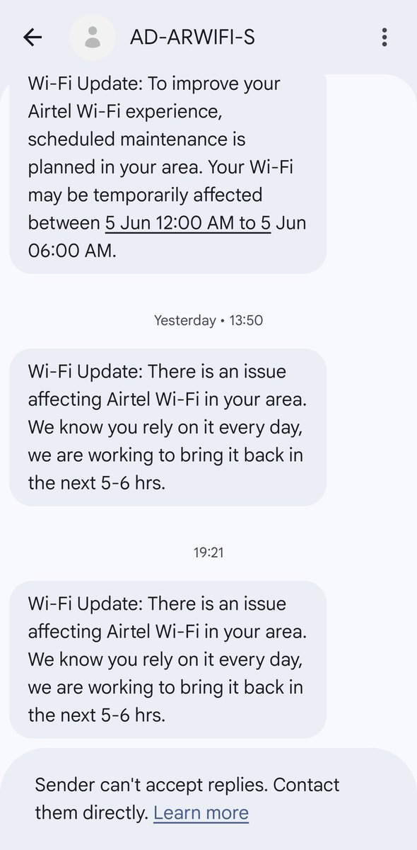 jrishabh138's tweet photo. Dear @Airtel_Presence, daily Wi-Fi outages have become extremely frustrating. Repeated messages about maintenance and area issues are not acceptable for a paid broadband service. Please provide a permanent fix instead of temporary resolutions. Customers cannot suffer every day. https://t.co/A4fvIKiqOS