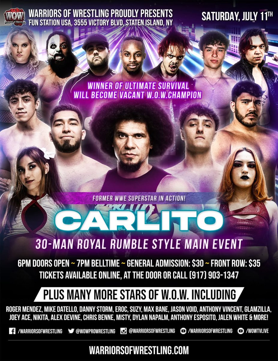 WOWPROWRESTLING's tweet photo. Warriors of Wrestling presents “Ultimate Survival” Funstation USA 3555 Victory Blvd. Staten Island, NY Saturday July 11th, 2026 Doors 6pm Belltime 7pm https://t.co/N75vh52NGX