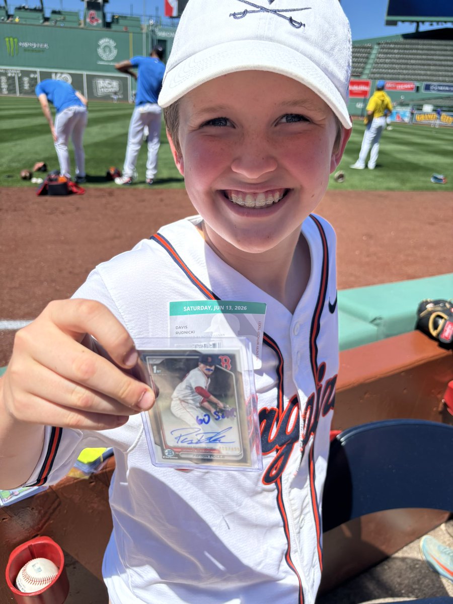 OnCardCapital's tweet photo. Fun day at Fenway, my son asked @RolleTolle49 to fix the flaw in his Bowman first and add a mustache. Tolle is a one of one. @CardPurchaser @Topps https://t.co/z0C1CzC9w7