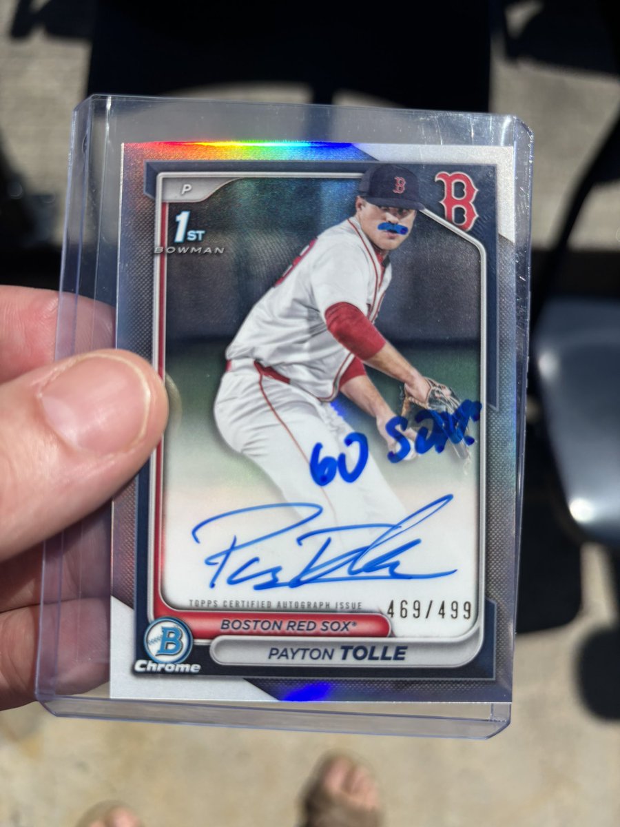 OnCardCapital's tweet photo. Fun day at Fenway, my son asked @RolleTolle49 to fix the flaw in his Bowman first and add a mustache. Tolle is a one of one. @CardPurchaser @Topps https://t.co/z0C1CzC9w7