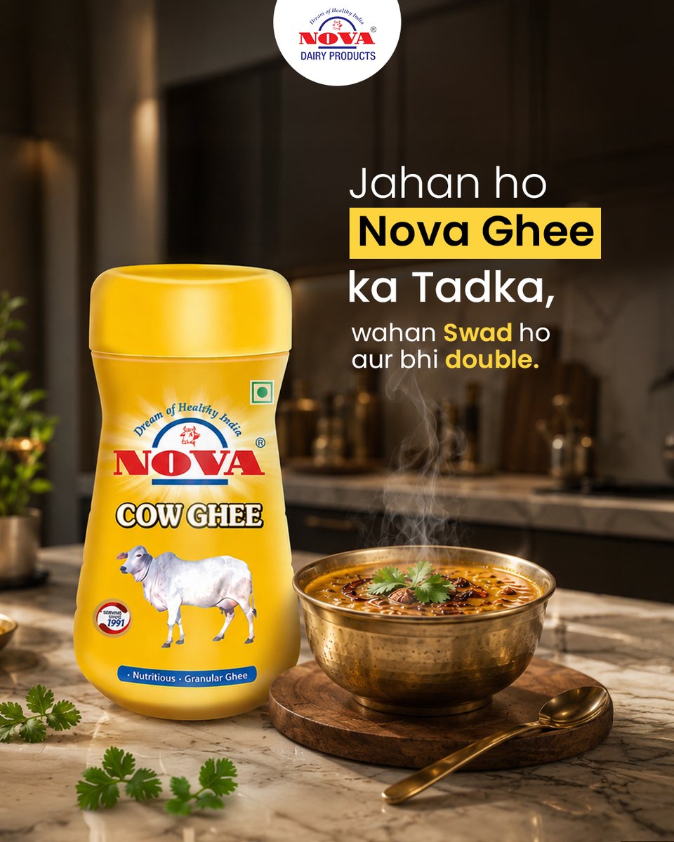 novadairy's tweet photo. A spoonful of purity, a burst of flavor!
Elevate every meal with the rich aroma and authentic taste of Nova Cow Ghee. Because every tadka deserves the goodness of tradition.
#NovaGhee #CowGhee #PureTaste #HealthyCooking #TasteDoubled https://t.co/WcoMI5GWm3