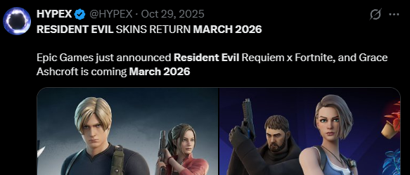 iamdocky's tweet photo. WHY HASN'T RESIDENT EVIL RETURNED ?  (POSSIBLE RETURN DATES) #Fortnite

- It was expected that the old RE skins would return in March(release of RE9)

- Epic published a short video with Leon at this time (HYPE)

- GRACE was launched primarily to promote RE 9 on the EPIC platform.

-Just a Reward, Evidences:(no bundle, no backbling, no pickage)

- Grace wouldn't sell well if she were released when the old skins returned

-Grace is a new character, It has no fan base.

- THEORY: Epic is saving the RE return for other important dates

Date 1- Requiem DLC Release with More content for Leon (Rumored 2027)  maybe a new style or Skin

DATE 2- New Game Remake RE: CODE VERONICA 2027

DATE 3-  Fortnitemares ( top sales, Halloween theme )