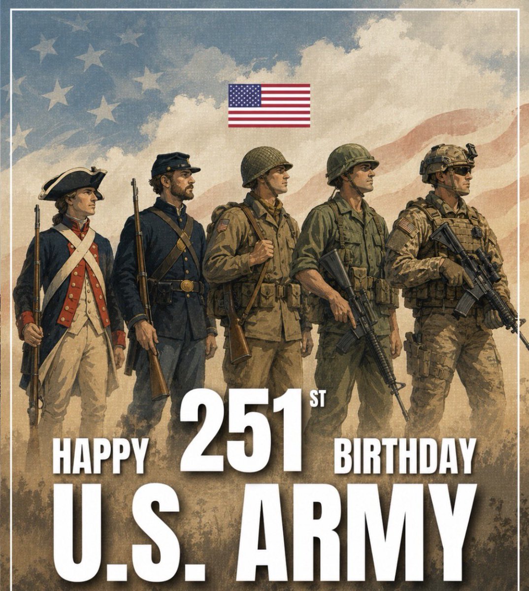 EKlambara's tweet photo. Happy Birthday to the US Army🇺🇸🫡🎖️

On June 14, 1775, the Continental Congress formally adopted the "American Continental Army" to coordinate the military defense of the Thirteen Colonies against Great Britain. Because of this, the U.S. Army officially traces its inception and birthday to this date.

Thank you to all our Army service men and women for your sacrifice to our country. Your service will never go unnoticed!