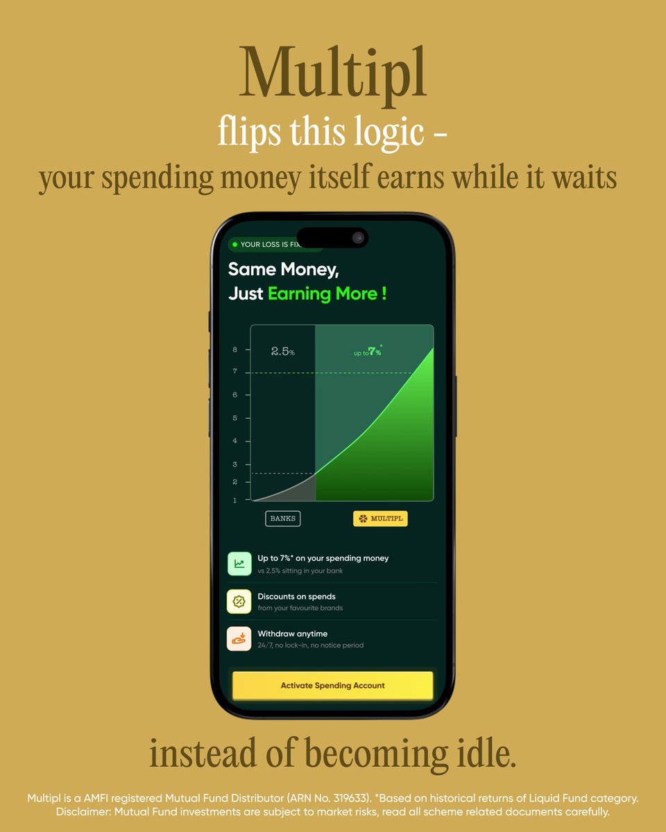 MultiplMovement's tweet photo. That’s the gap.
#multiplapp #HigherYieldSpendingAccount #mutualfunds #liquidmutualfunds #investments #sweepin #FD #branddiscounts #foodspends #travel #vacation
Multipl is a AMFI registered Mutual Fund Distributor (ARN No. 319633). *Based on historical returns of Liquid Fund category.
Disclaimer: Mutual Fund investments are subject to market risks, read all scheme related documents carefully.