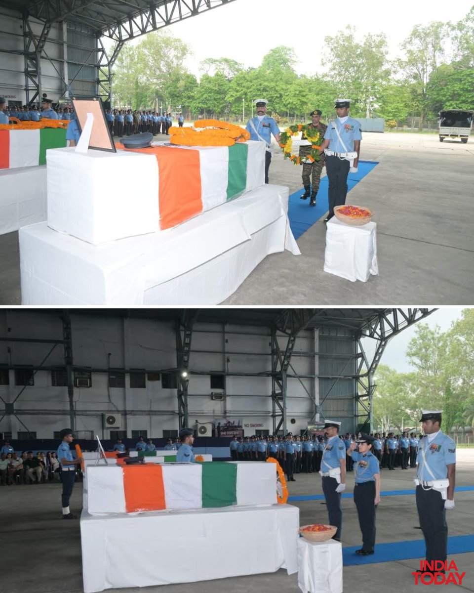 IndiaToday's tweet photo. Mortal remains of bravehearts were flown from Jorhat by an Indian Air Force aircraft and sent to their native places, where they were accorded full military honours during the final rites.

#Bravehearts #IndianAirForce #MilitaryHonours #Jorhat #NationProud #ITPhotoblog https://t.co/sBA0JUU2ZM